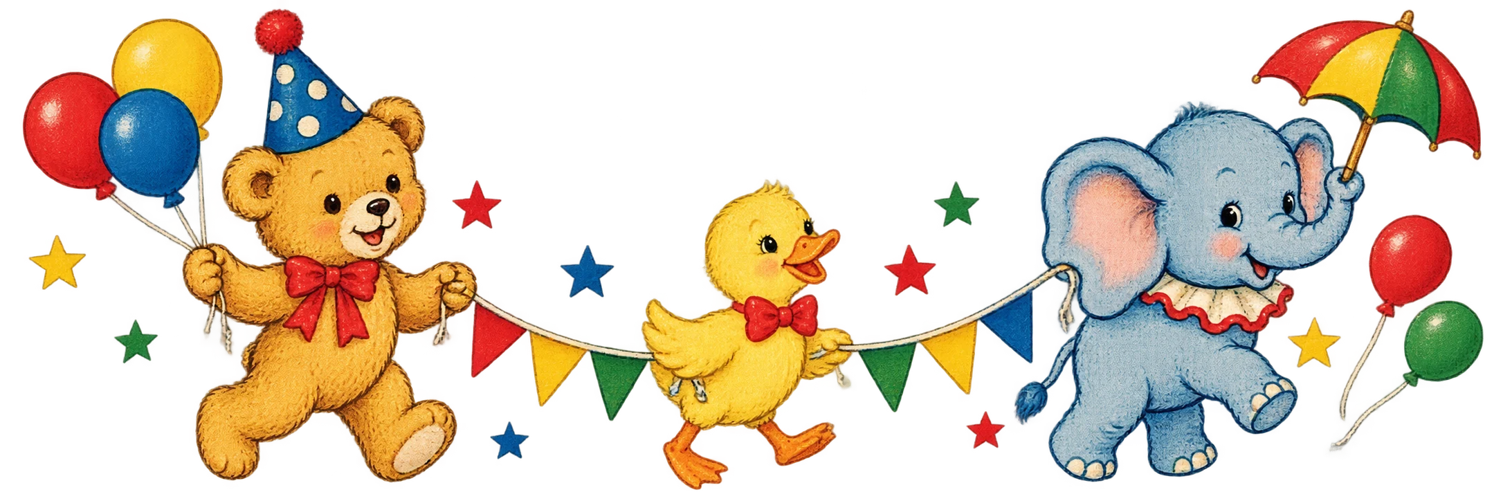 A teddy bear, duck and elephant celebrating with party hats and bunting
