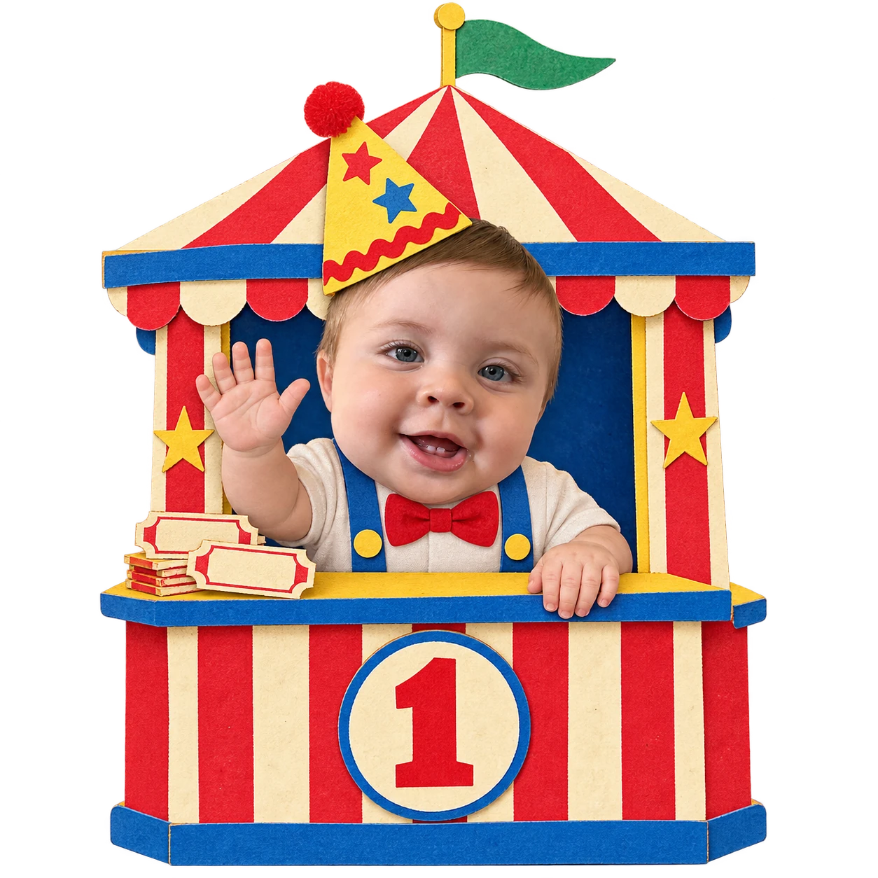 Colton waving from a red-and-cream paper carnival booth with a big number one