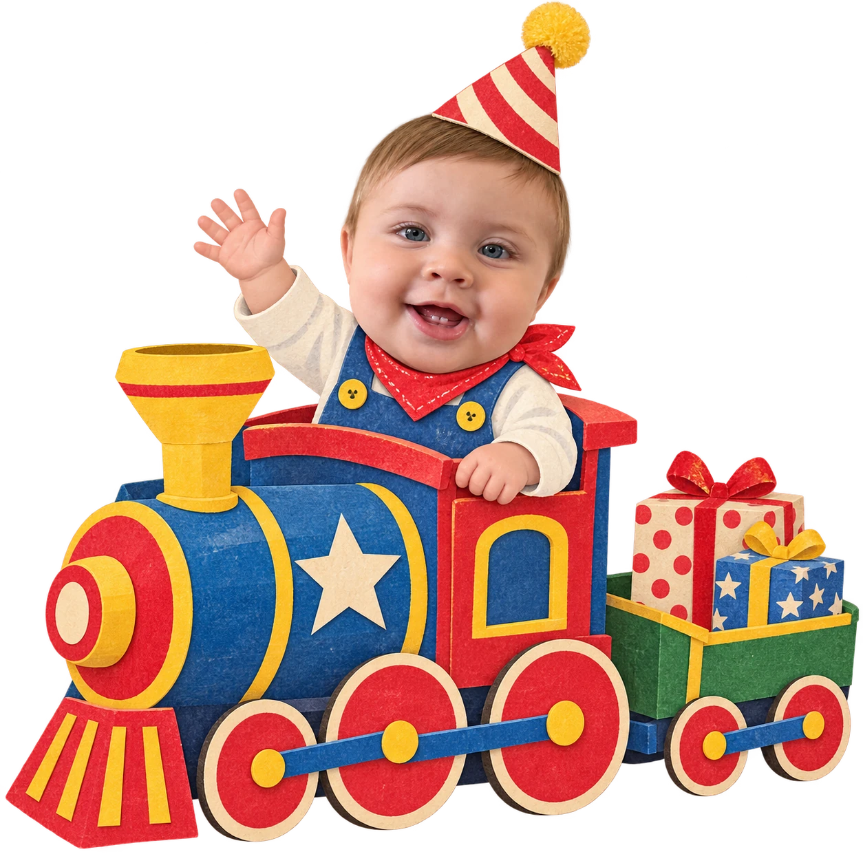 Colton riding a colorful paper toy train with a wagon of birthday presents